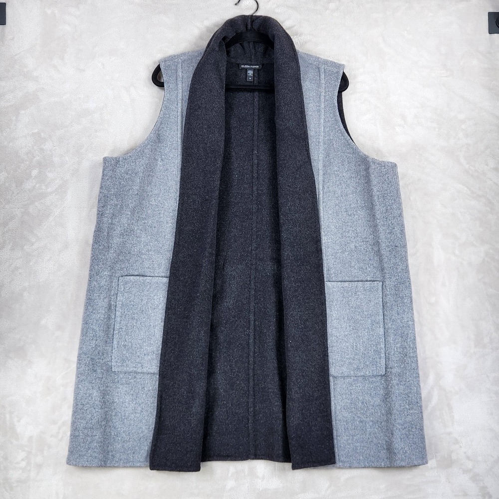 Eileen Fisher Vest Womens 2X Gray Double Face Wool Cashmere Open Front Shawl